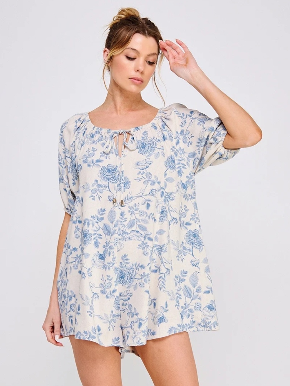Allie Rose Printed Linen Blend On/Off-Shoulder Romper Dress